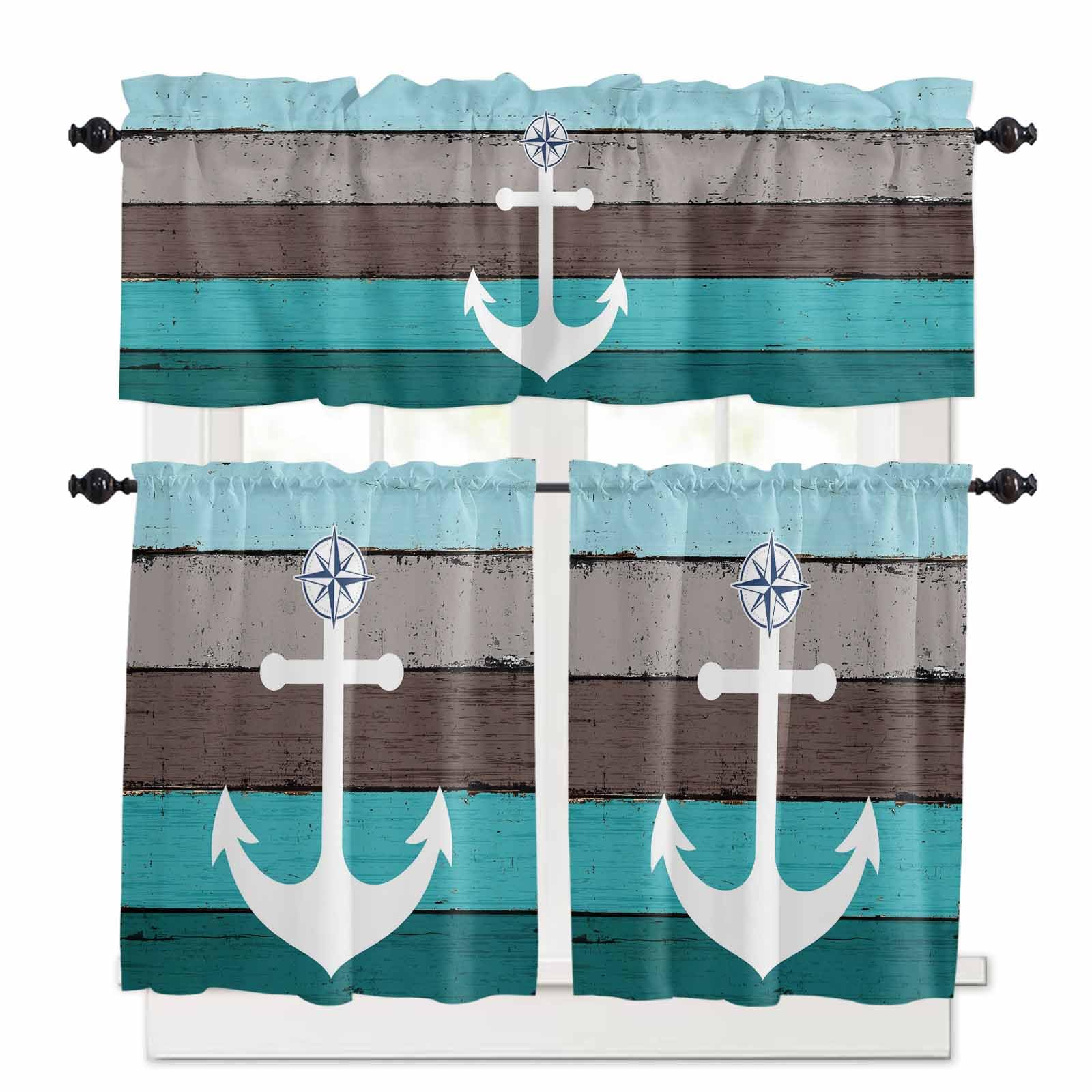Coastal Anchor Kitchen Curtains 36 Inch Length, 3 Piece Rod Pocket Small Half Tiers and Valance Set, Turquoise Brown Country Wooden Grain Small Large Window Treatment Decor for Bedroom/Bathroom Sink