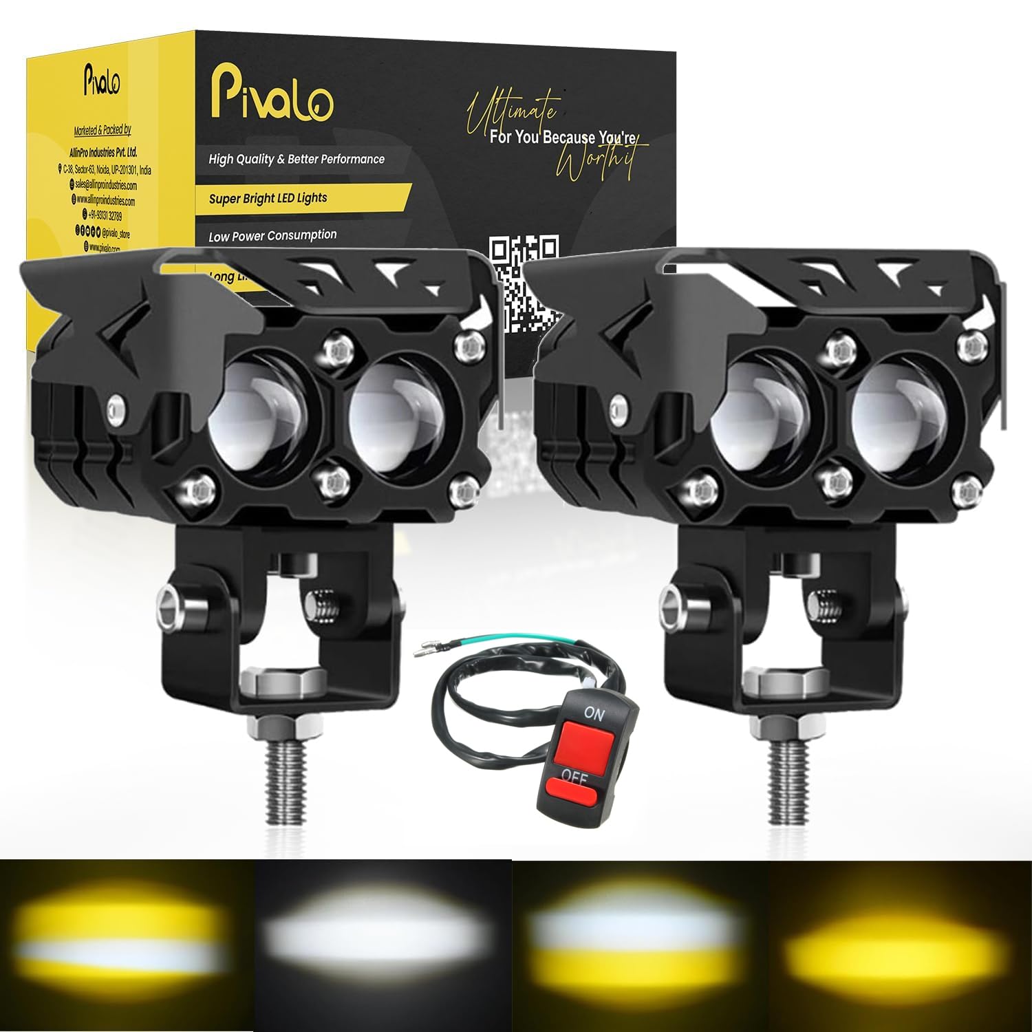 Pivalo 25W LED Fog Light with Handlebar Switch Ultra Bright Dual Projector Lens 12V-20V DC Spot Beam Waterproof Mini Driving Metal Body For All Motorcycles Bikes & Cars(Pack of 2,White & Yellow)-image-47