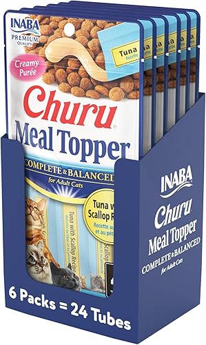 INABA Churu - Cubrecomida para gatos, completa y equilibrada, cremosa, para lamer puré para gatos, tubo de 0.5 onzas, 24 tubos (4 por paquete),