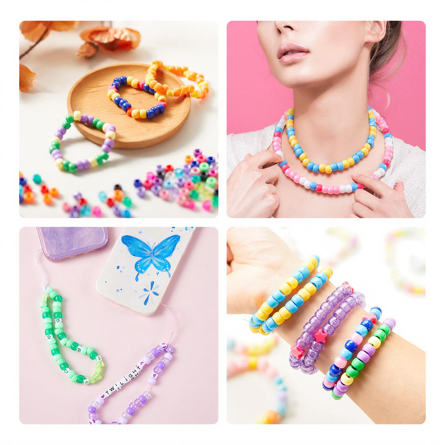 INSCRAFT Set di perline Pony da 9 mm, 3300 pezzi, in 23 colori, con lettere e stelle, corda elastica per la creazione di braccialetti e gioielli
