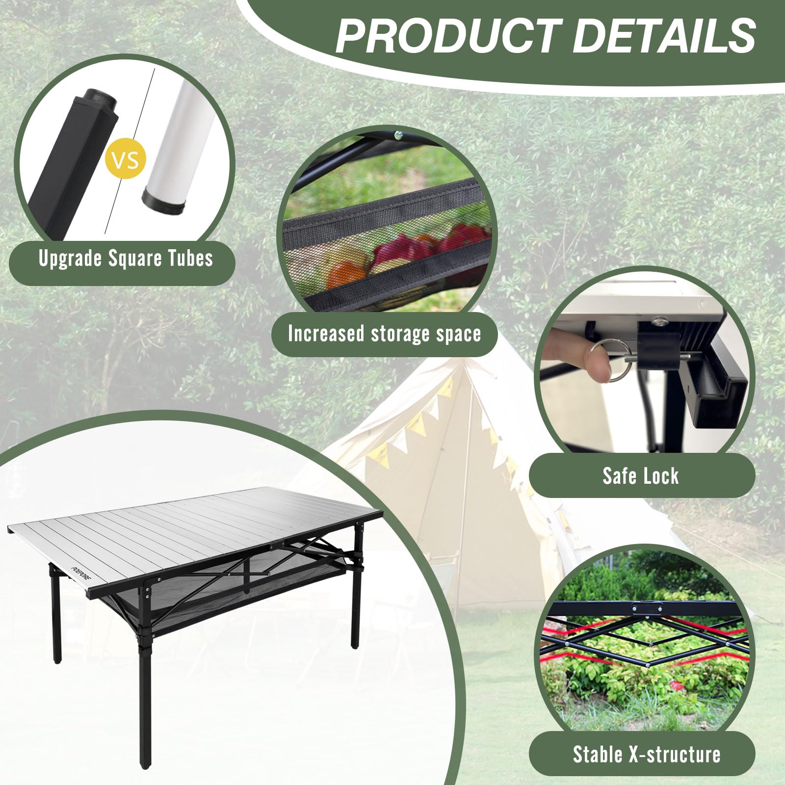 Duży aluminiowy składany stół kempingowy z miejscem do przechowywania, 137 x 60 cm, dla 4-6 osób, wysoki, przenośny, zwijany, lekki, z torbą do przenoszenia, na piknik, grill, podwórko, plażę