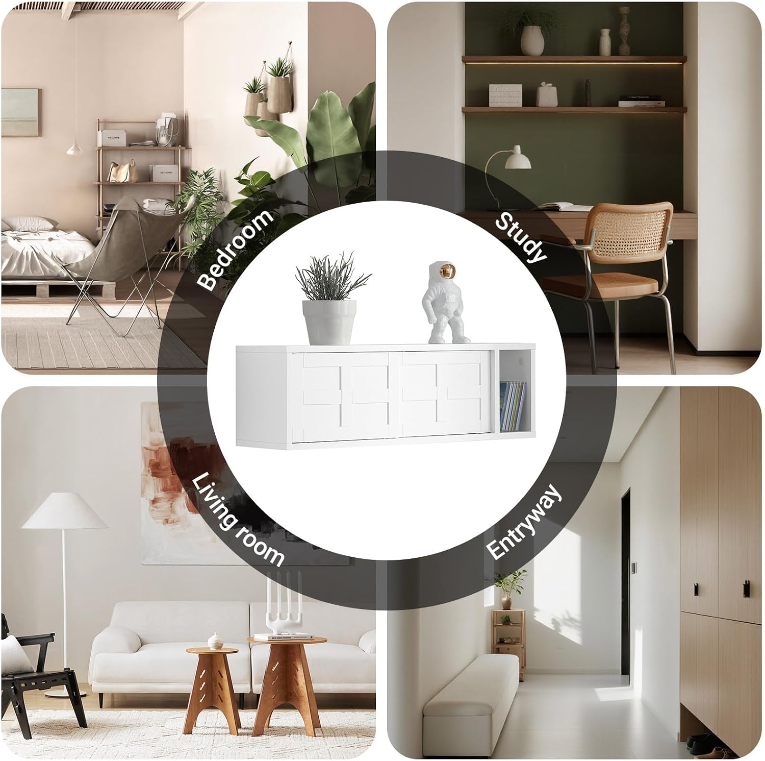 SoBuy White Sideboard Cupboard Storage Cabinet – Wall Mounted Storage Unit with Sliding Doors and Open Shelf for Living Room, Hallway, Bathroom, Kitchen – 75x20x23cm – FHK18-W
