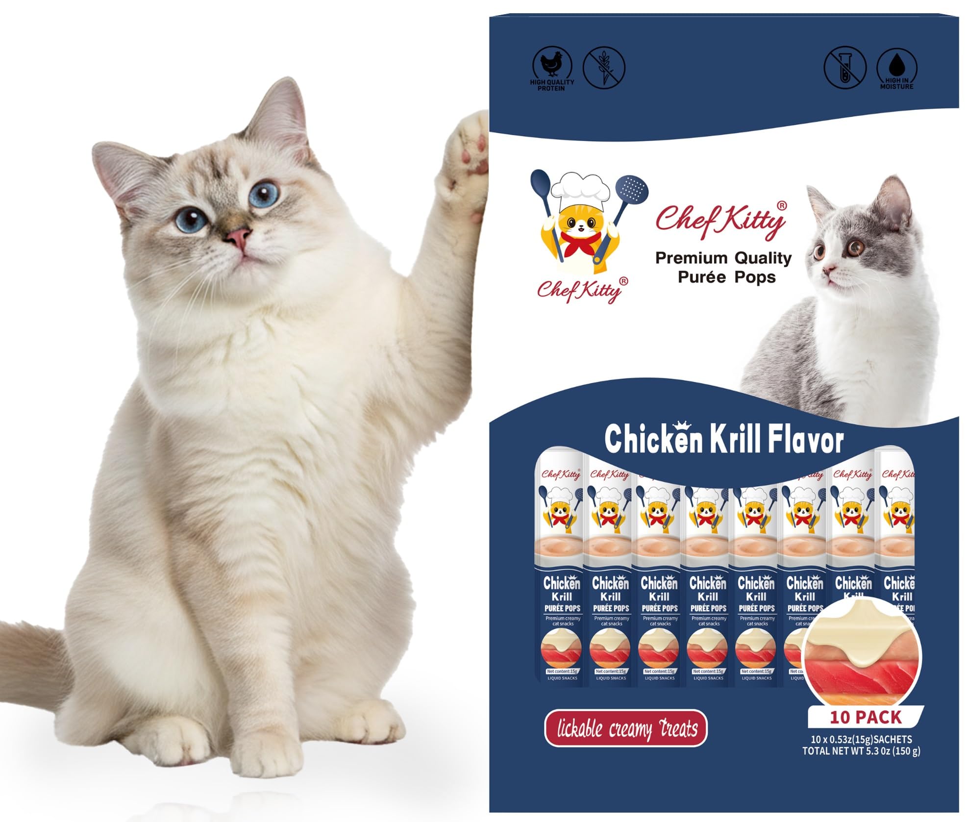 Lickable Cat Treats, Chicken &amp; Krill Puree Food Topper, 10 Tubes