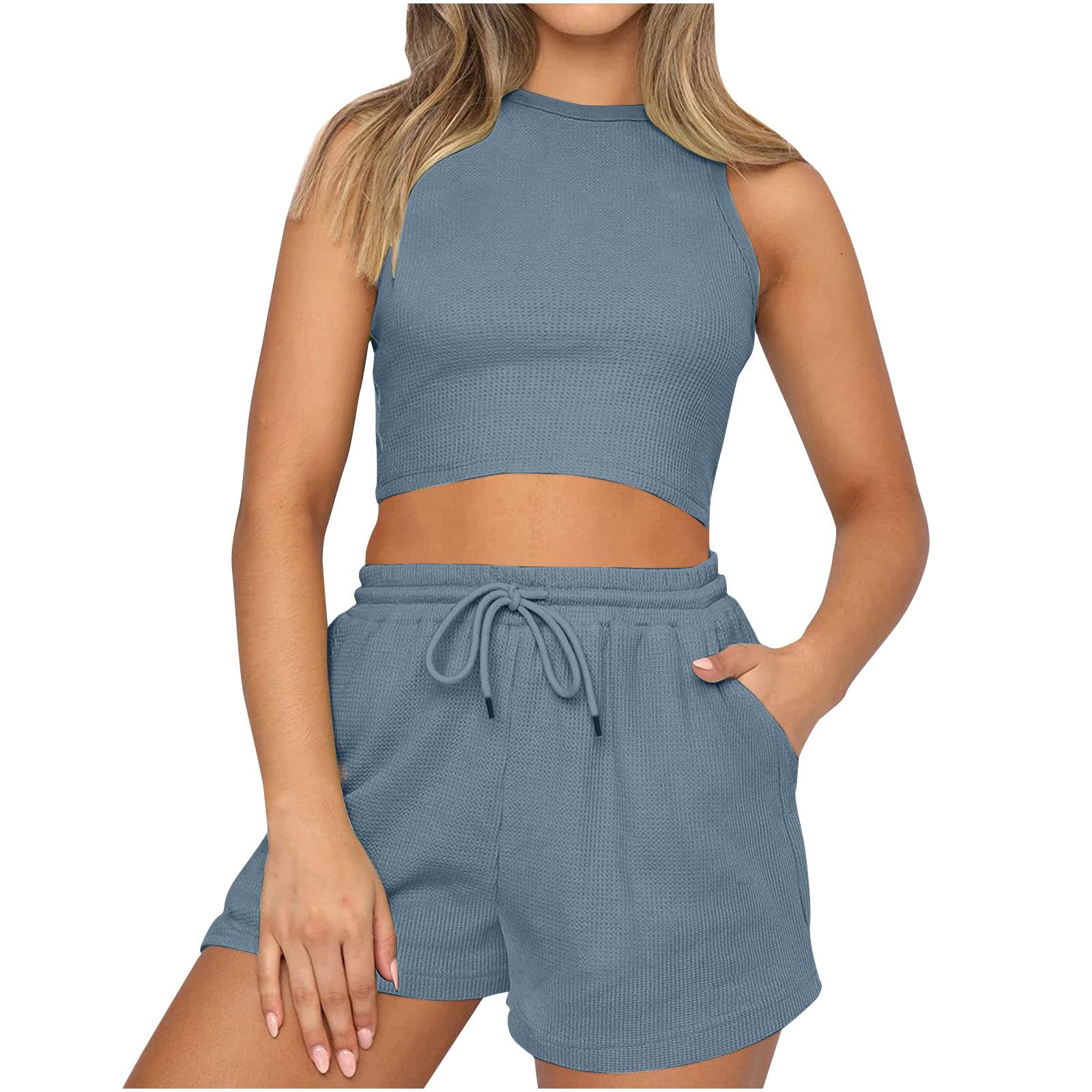 Two Piece Workout Outfits Womens Lounge Athletic Shorts Sets 2 Piece Sleeveless Crop Top High Waist Shorts Activewear