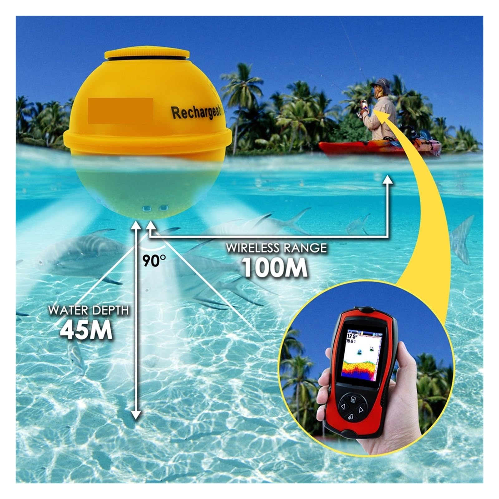 Ecoscandaglio Fish Finder Sensore wireless ricaricabile con profondità dell'acqua 45M,Alta definizione