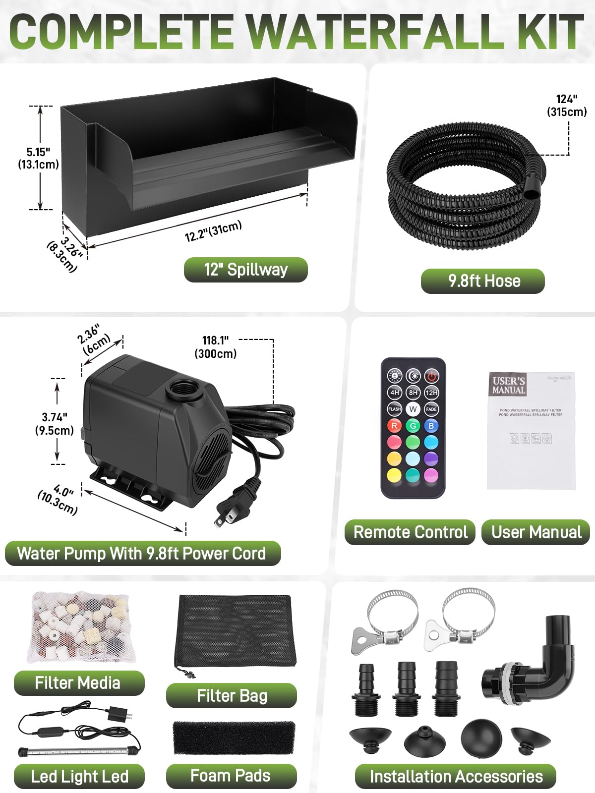 Kit cascata per laghetto con luci a LED e pompa filtrante da 45 W, in acciaio inox 304 da 30,5 cm con pompa dell'acqua da 45 W, 880 GPH, fontana a cascata per esterni