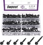 Swpeet 410 Kit d'assortiment de vis à perçage automatique en acier inoxydable, tête de rondelle hexagonale Feuille de forage automatique Vis métalliques tête auto-tappante Vis métalliques anti-rouille Ensemble pour assortiment de métaux (Noir, #10)