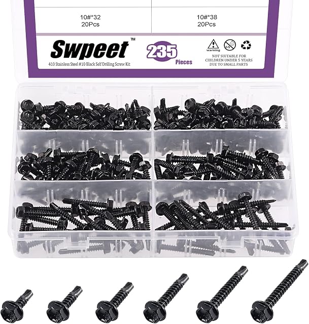 Swpeet 410 Kit d'assortiment de vis à perçage automatique en acier inoxydable, tête de rondelle hexagonale Feuille de forage automatique Vis métalliques tête auto-tappante Vis métalliques anti-rouille Ensemble pour assortiment de métaux (Noir, #10)