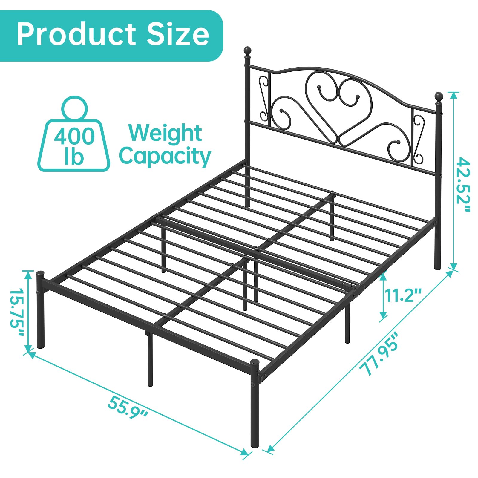 Weehom Full Size Bed Frame with Headboard, Heavy Duty Metal Platform Bed Under Bed Storage Space No Box Spring Needed Easy Assembly Black