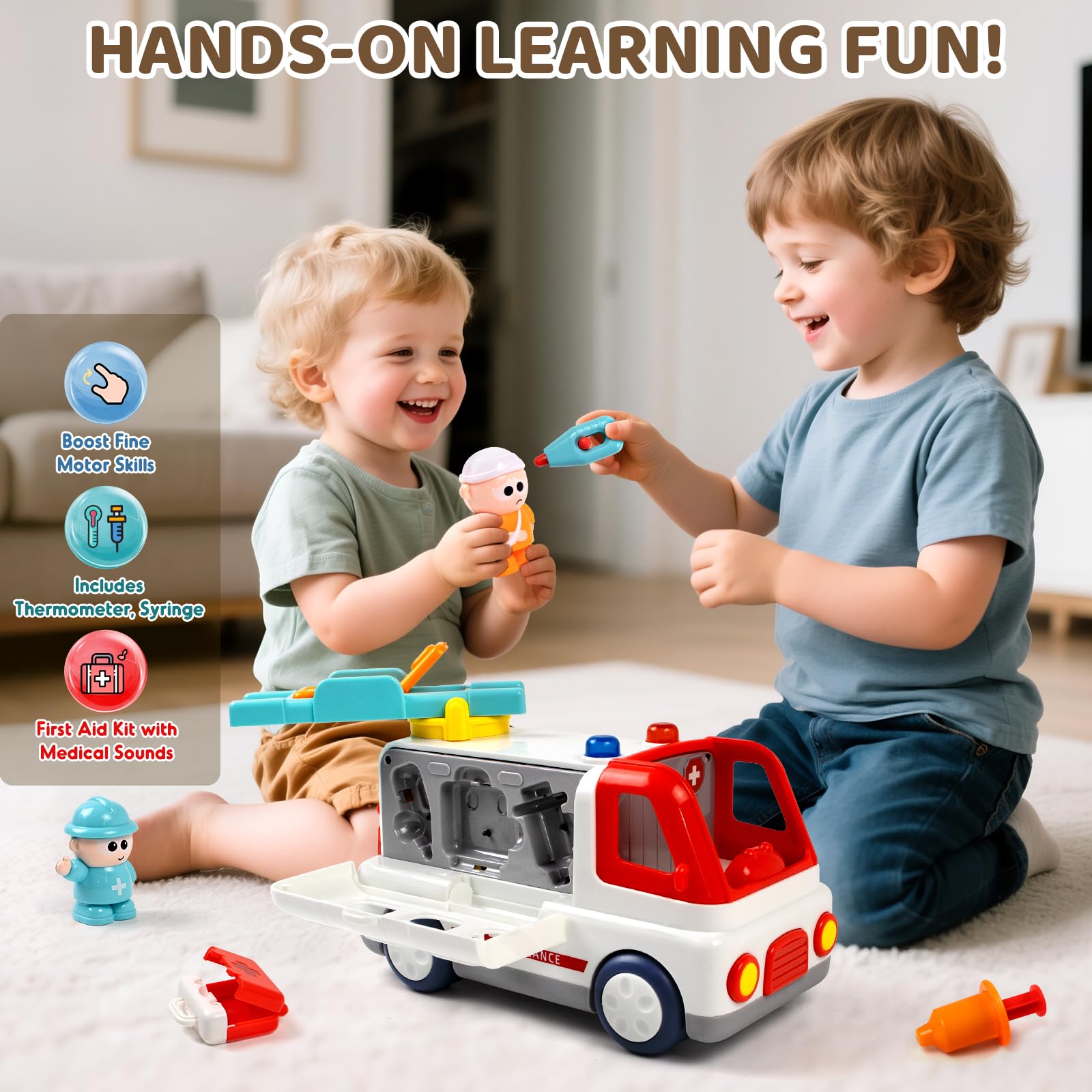 Juguete de ambulancia para niños a partir de 1, 2, 3 y 4 años con sonido ligero, ambulancia Montessori con figuras de accesorios médicos, muchas funciones juguetes educativos vehículos, regalos para