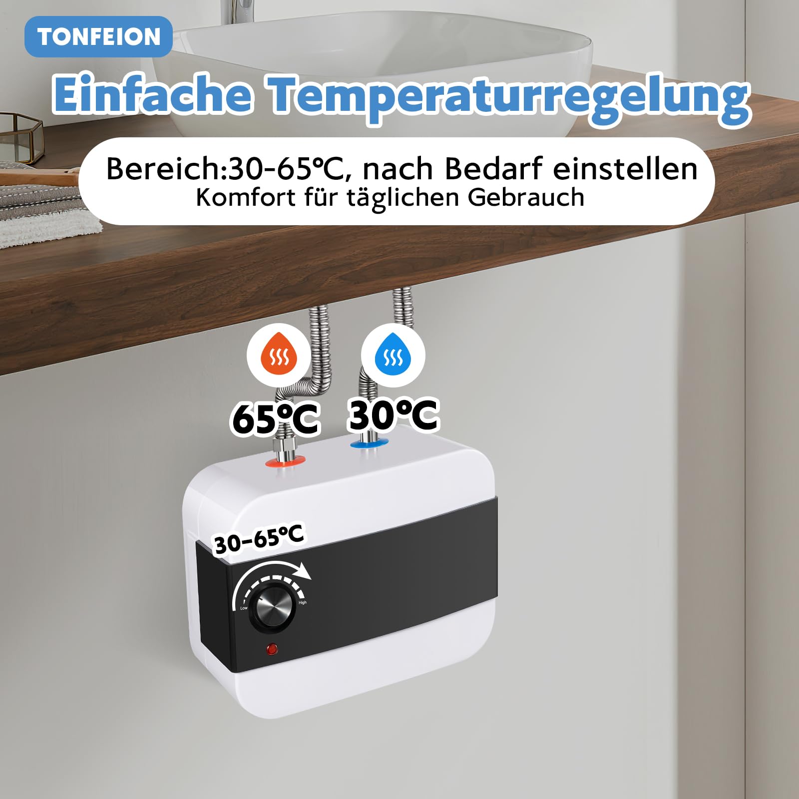 Untertischboiler 6 Liter Niederdruck, Warmwasserspeicher Warmwasserboiler elektrischer Durchlauferhitzer Mini-Wassertank, Untertischmontage, 1,5KW, Weiß