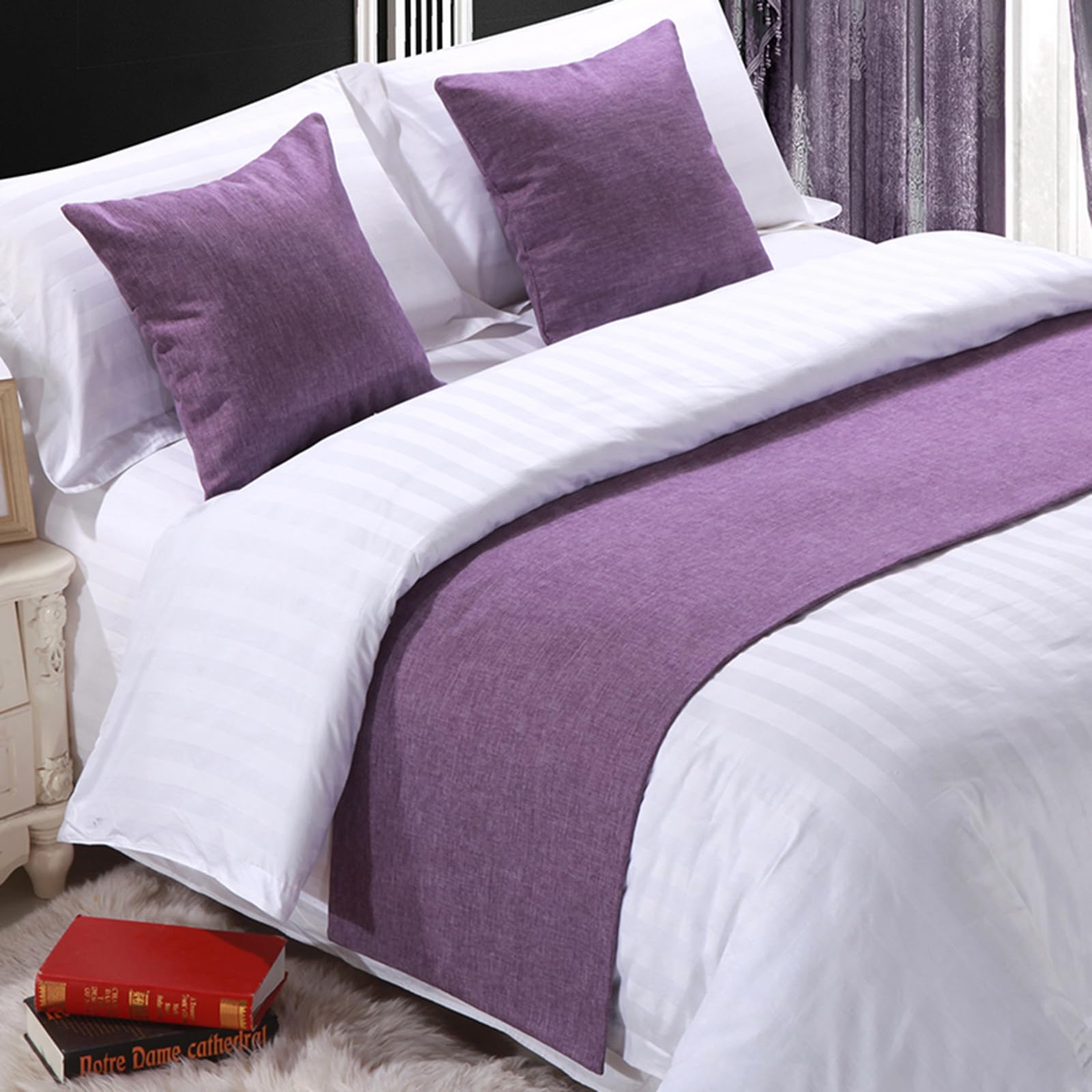 QRGMKL Premium Bed Runner for Foot of Bed, Solid Color Bed Scarf Cotton Linen Bedspread Home Decoration Hotel Bedroom Bedding Protector-Purple||240X50cm for 1.8m Bed
