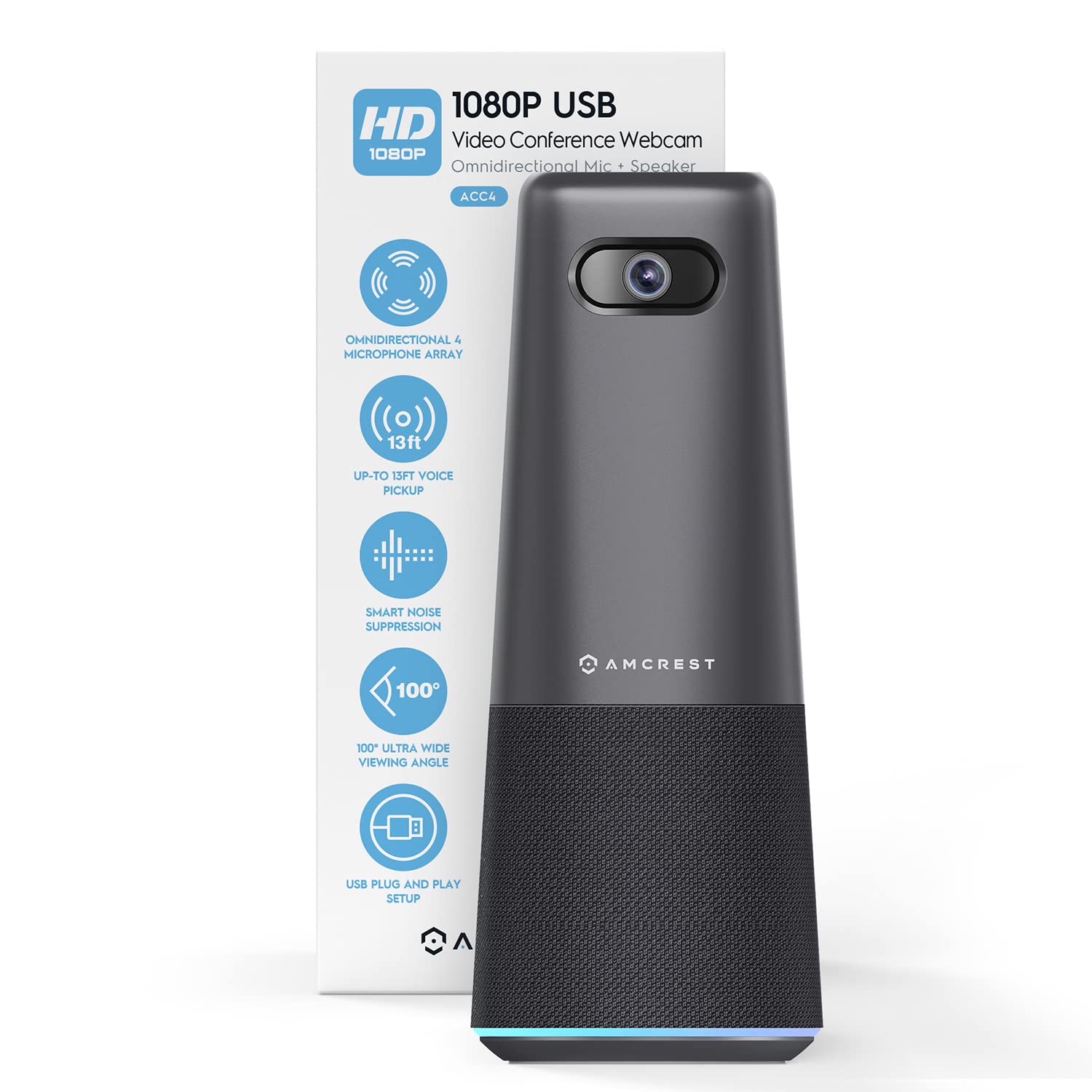 AmcrestProHD 1080P Conference Webcam w/Microphone & Speaker, Portable All-in-1 Wide-Angle 100° Camera, 13ft Voice Pickup, Smart Noise-Suppresion, USB Plug & Play ACC4