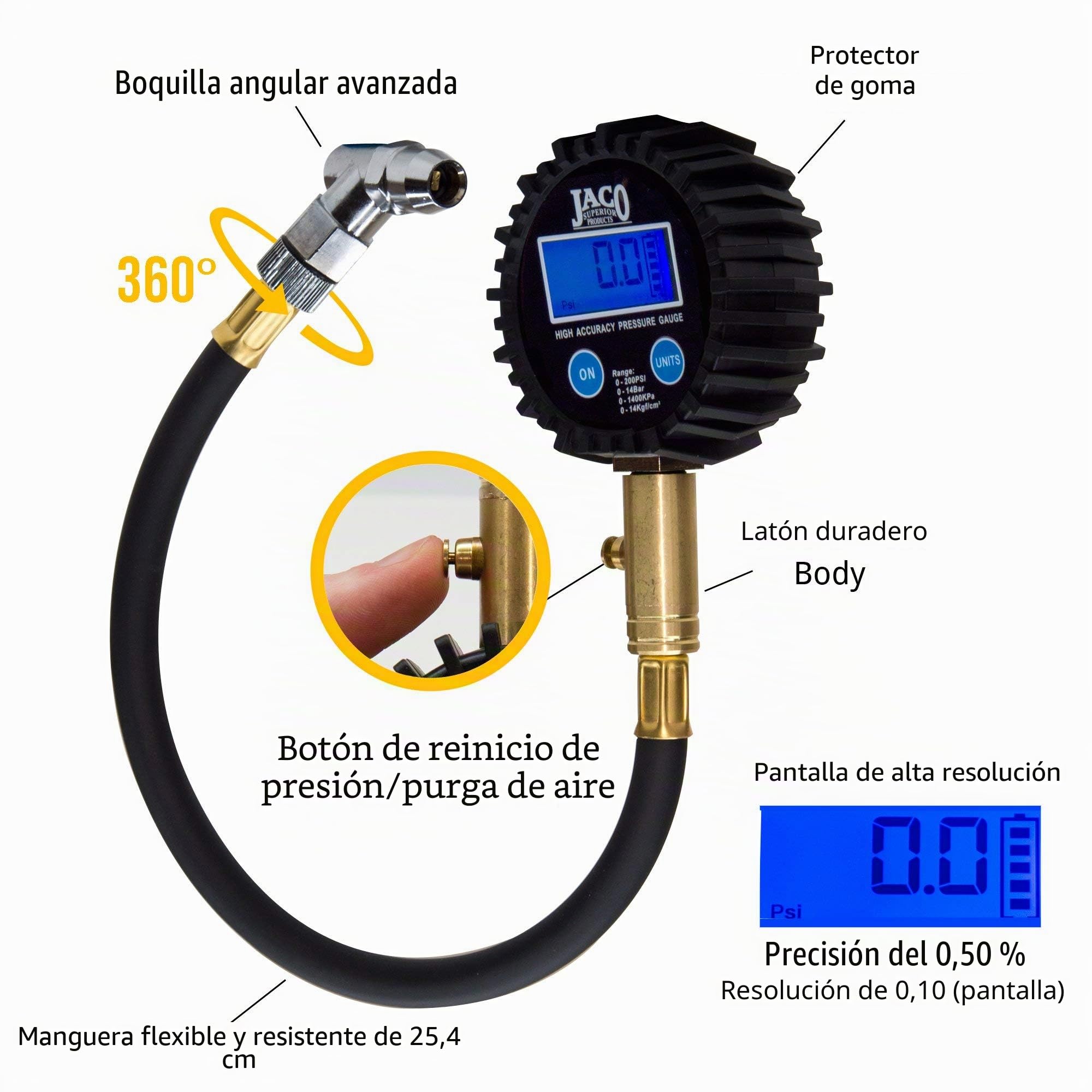 JACO ElitePro Medidor de presión digital de neumáticos - precisión profesional - 200 PSI