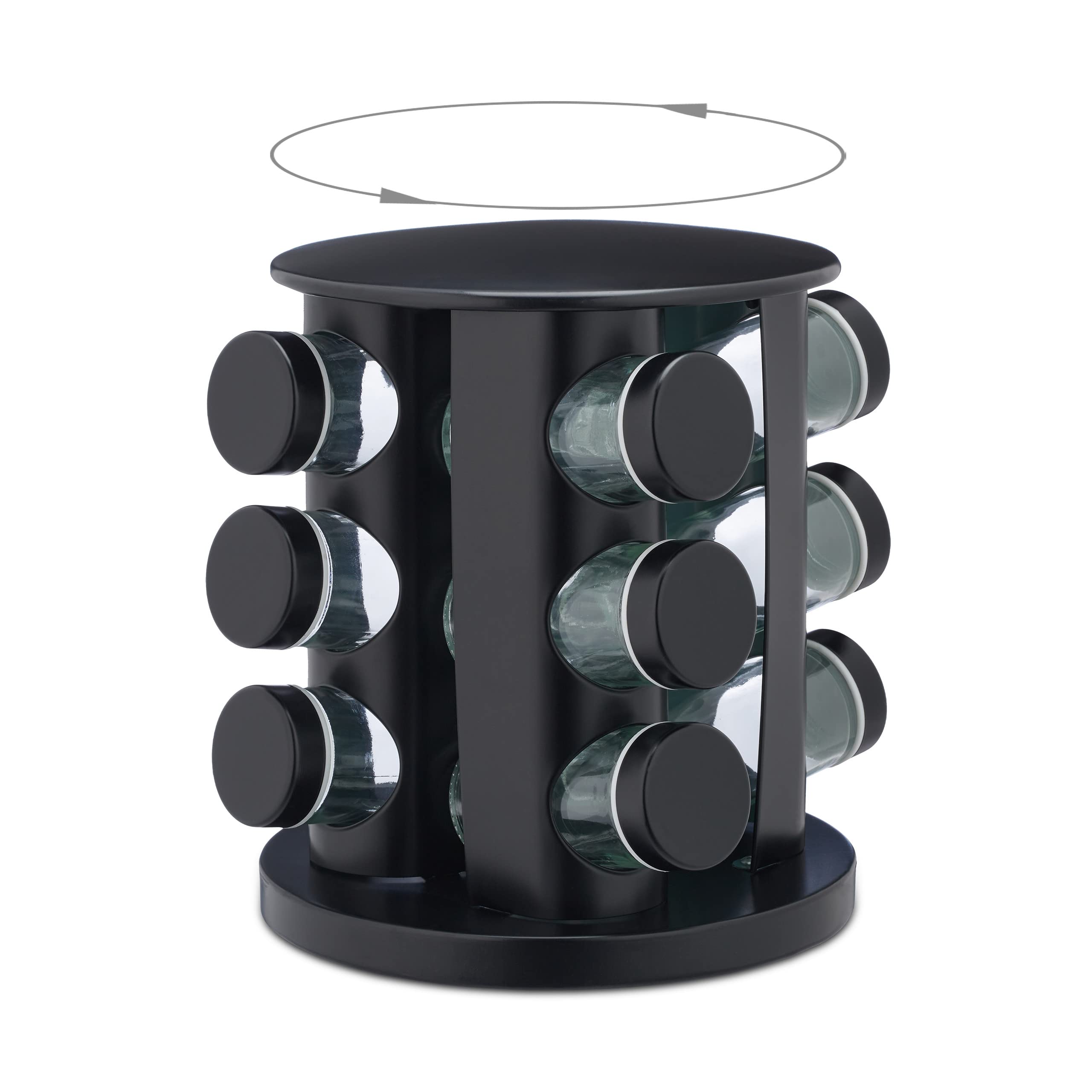 Relaxdays Especiero Giratorio con 12 Botes, con Dosificadores Rotatorio, Soporte Especias Reutilizable de Cocina, Negro