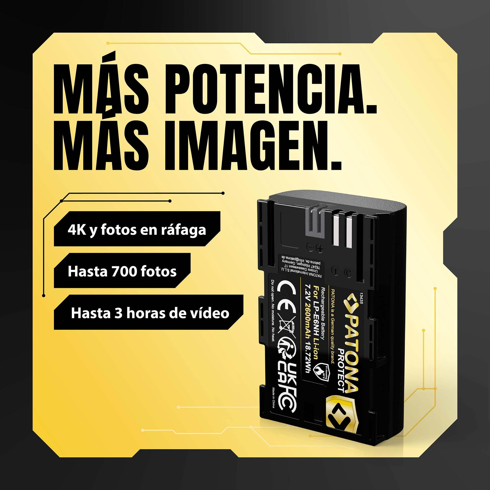 PATONA 2X Protect Batería LP-E6NH 2600mAh – Repuesto para Canon LP-E6 LP-E6N LP-E6NH – Compatible con EOS R5 R6 R6II R7 5D III/IV 6D 7D 90D – Sensor NTC y Carcasa V1 ignífuga