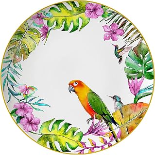Bone China Dinner Plate，Gold Edge Bone China Parrot Plate，Nordic Style Ceramic Plate With Gold Rim，Household Round Tableware，Family Dinner Plate, Salad Plate and Steak Plate，Stackable，Dishwasher Safe