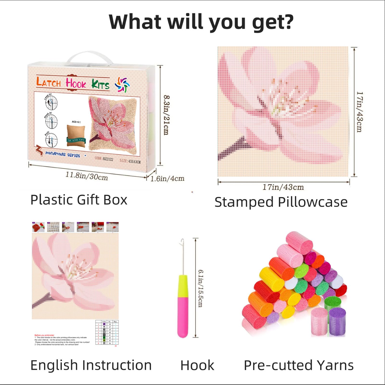 DIY Latch Hook Pillow Kits for Adults Cherry Flower Printed Pillowcase Crochet Yarns Hooking Handmade Pillow Cover Cushion for Home Sofa Decoration 17x17inch-3