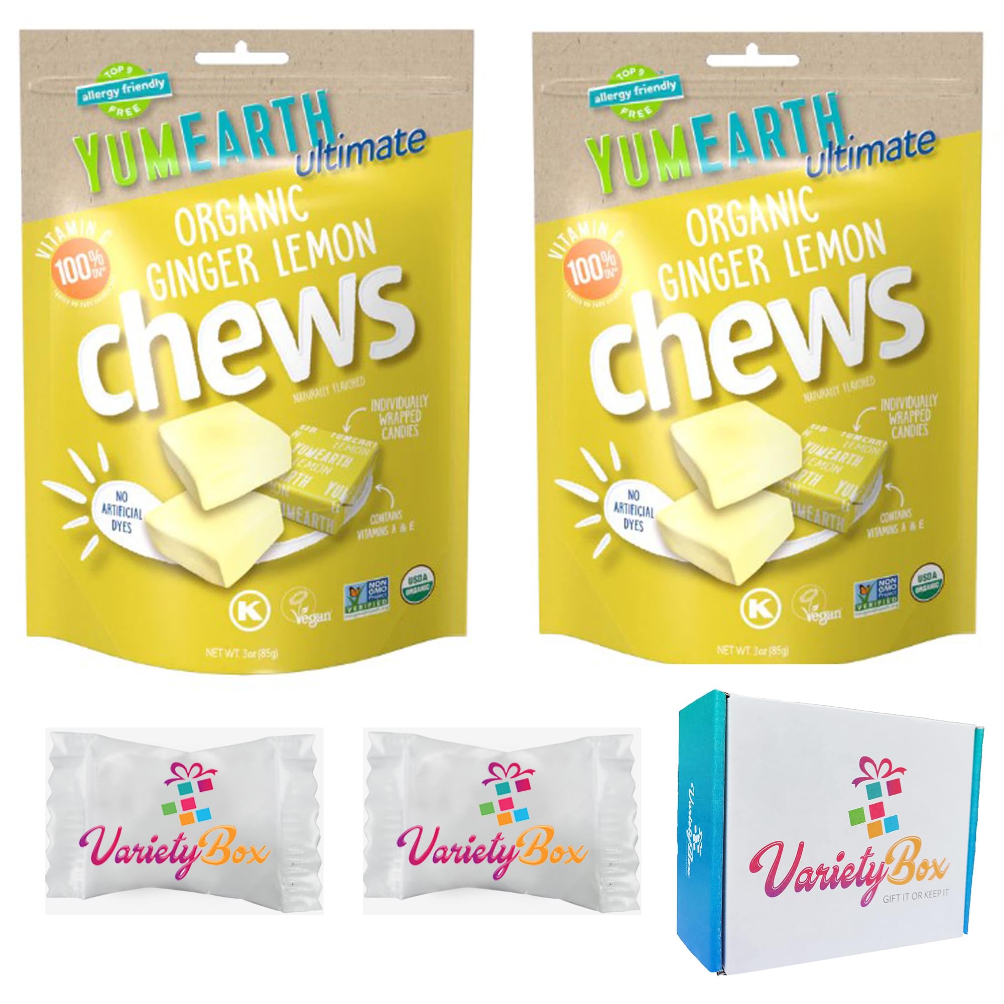 Yumearth Organic Chewys Ultimate Ginger Lemon, Allergy Friendly, Non GMO, Gluten Free, Vegan, 3 ounce, 2 Pack with Variety Box Mints!