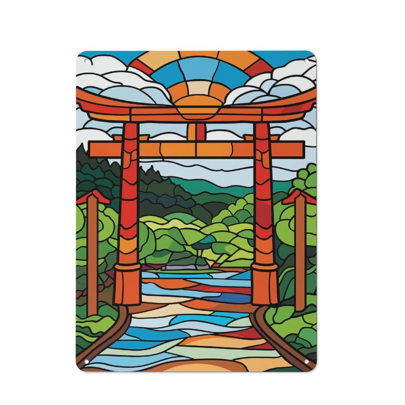 Farmhouse Metal Sign with Stained Glass Torii Gate Landscape Design 40x30cm, Rustic Country Wall Plaque for Cottage, Kitchen, Hallway Or Breakfast Nook