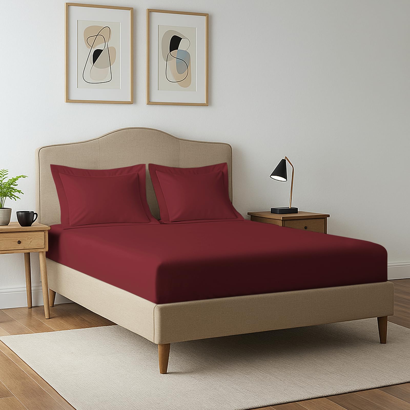 Pizuna Rio Red 400 Thread Count Double Fitted Sheet 140X200 Cm With 2 Pillowcases, 100% Long Staple Cotton, Soft Sateen Weave, 40 Cm Deep Fitted Sheets Double Bed