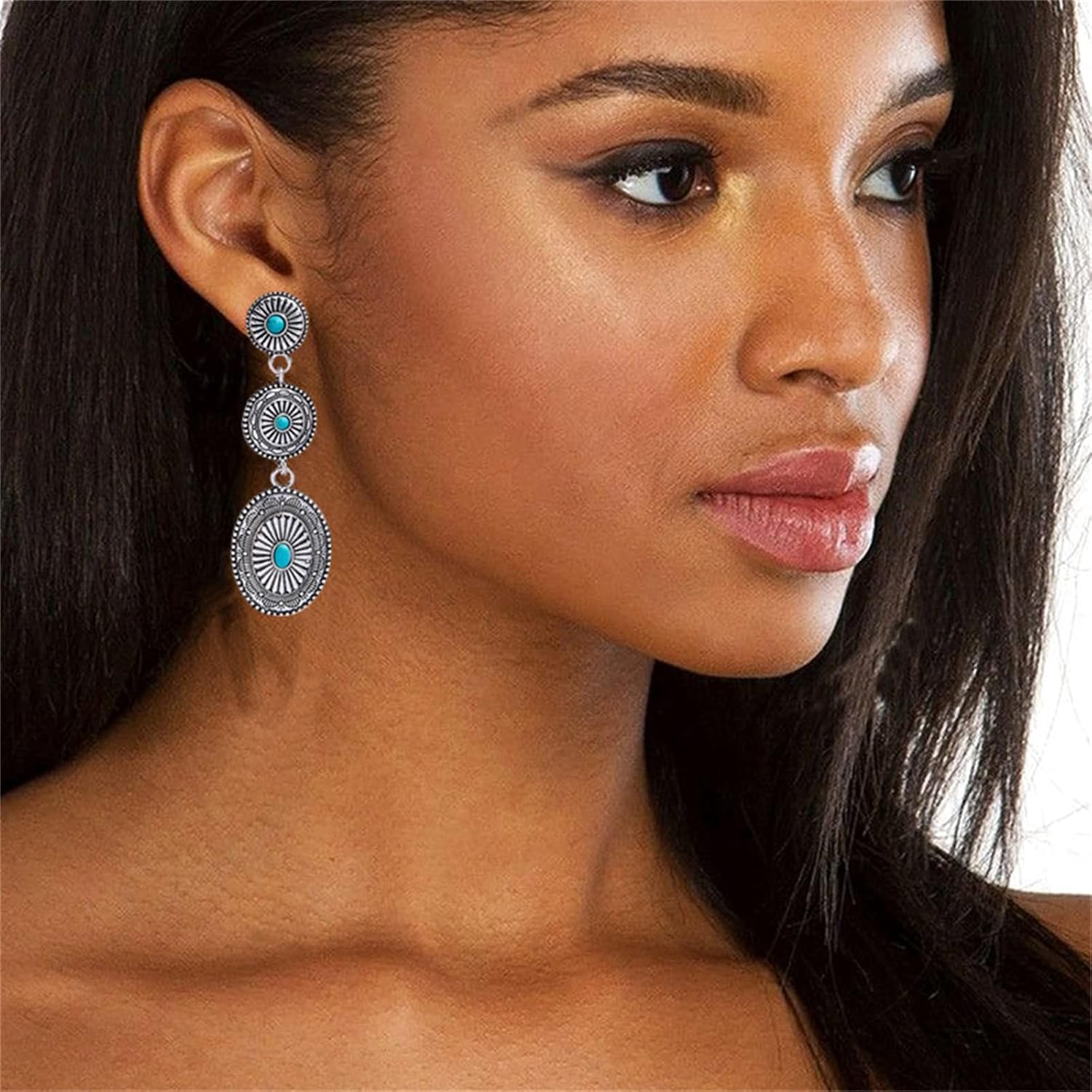 Dreuyet 2 Pairs Western Earrings for Women Vintage Rustic Couture's Cowgirl Oval Turquoise Dangle Earring Concho Dangling Earrings Country Concert Outfits Statement Jewelry (Elliptical Tqse) - Image 6