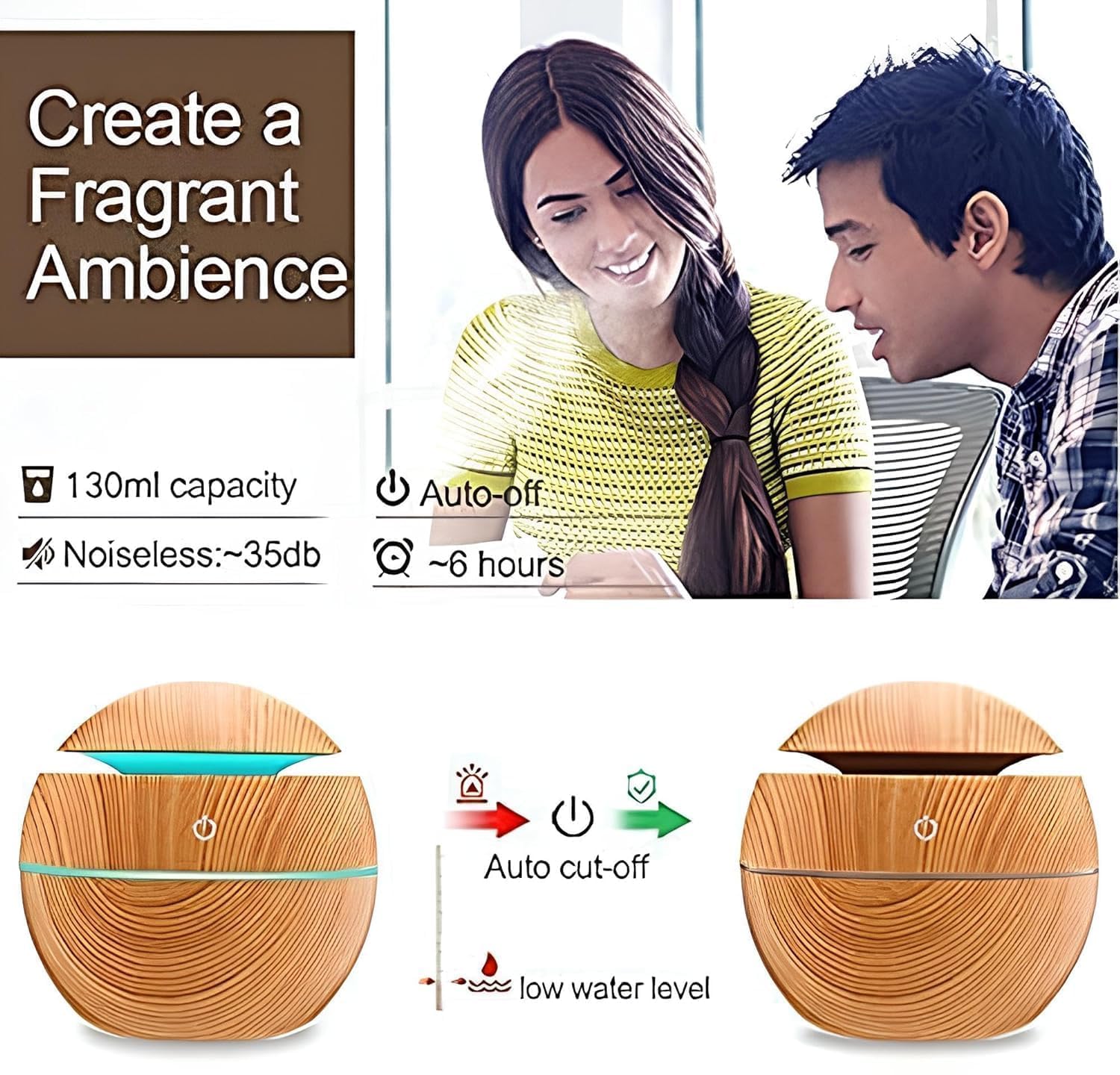 KBZONE Wood Cool Mist Ultrasonic Humidifier For Room Moisture, Aroma Diffuser For Home, Essential Oil Diffuser With Colorful Light, Auto Shut-Off Ideal For Office, Car, Travel, Home - Image 6 thumbnail