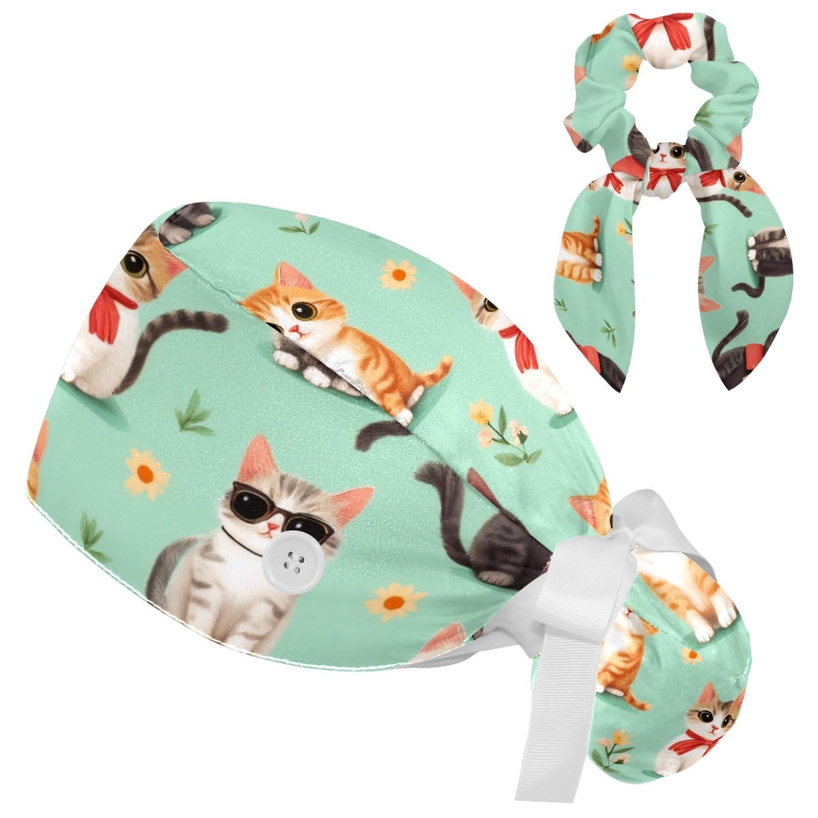 Women's Bouffant Scrub Caps Blue Line Sunflower Working Cap Nurse Hat Surgical Cap with Button and Sweatband