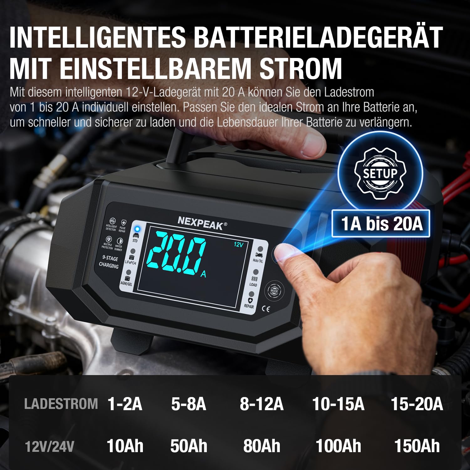 NEXPEAK LiFePO4 Cargador de batería de Coche de 1-20 A, 12 V, 24 V, con Corriente Ajustable, para Coche, camión, cortacésped, Barco