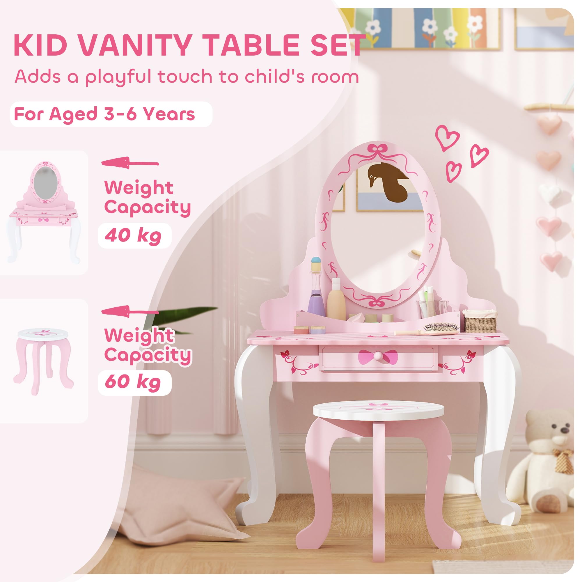 AIYAPLAY, set tavolo da toeletta per bambini, tavolo da toeletta a due pezzi con sgabello, specchio, cassetto, spazio di archiviazione sul desktop, tema del balletto, tavolo da trucco per ragazze