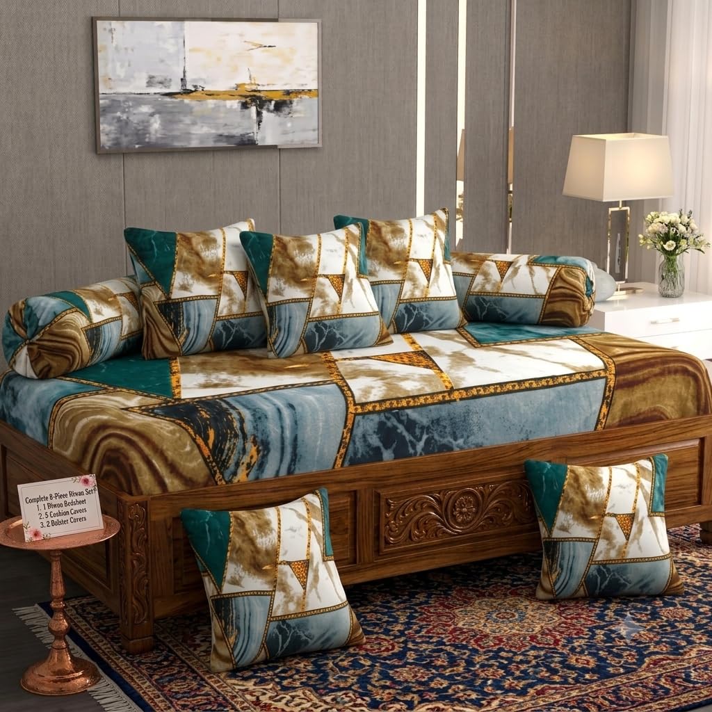 8-Piece Diwan Set with Bedsheet, Cushion & Bolster Covers | Marble Print Design, Teal & Gold Tones, 5 Cushion Covers, 2 Bolster Covers, Complete Diwan Set-image-16