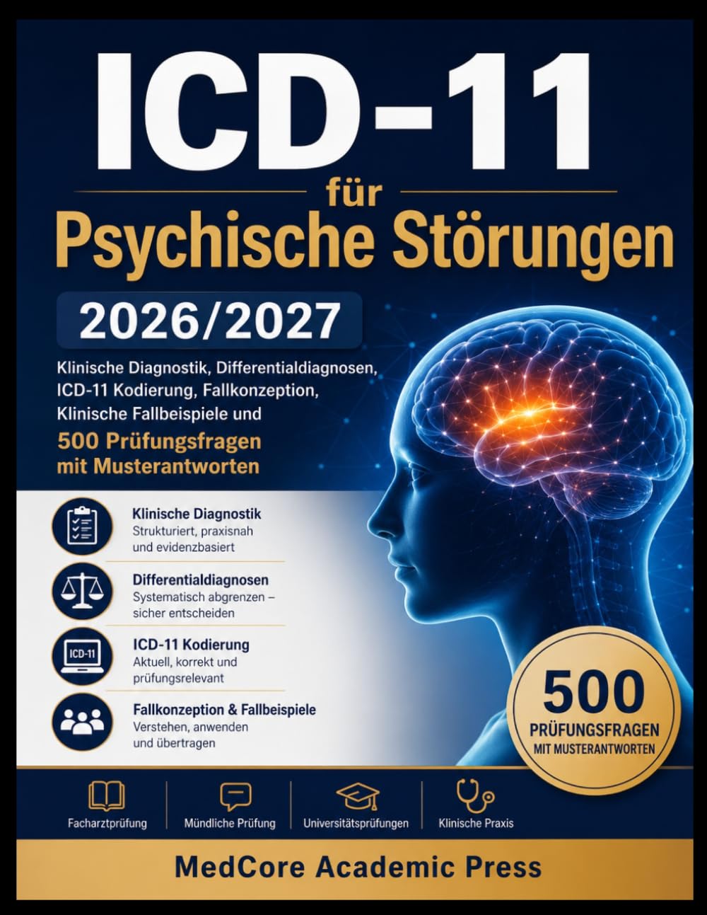 ICD-11 für Psychische Störungen 2026/2027: Klinische Diagnostik, Differentialdiagnosen, ICD-11 Kodierung, Fallkonzeption, Klinische Fallbeispiele und 500 Prüfungsfragen mit Musterantworten