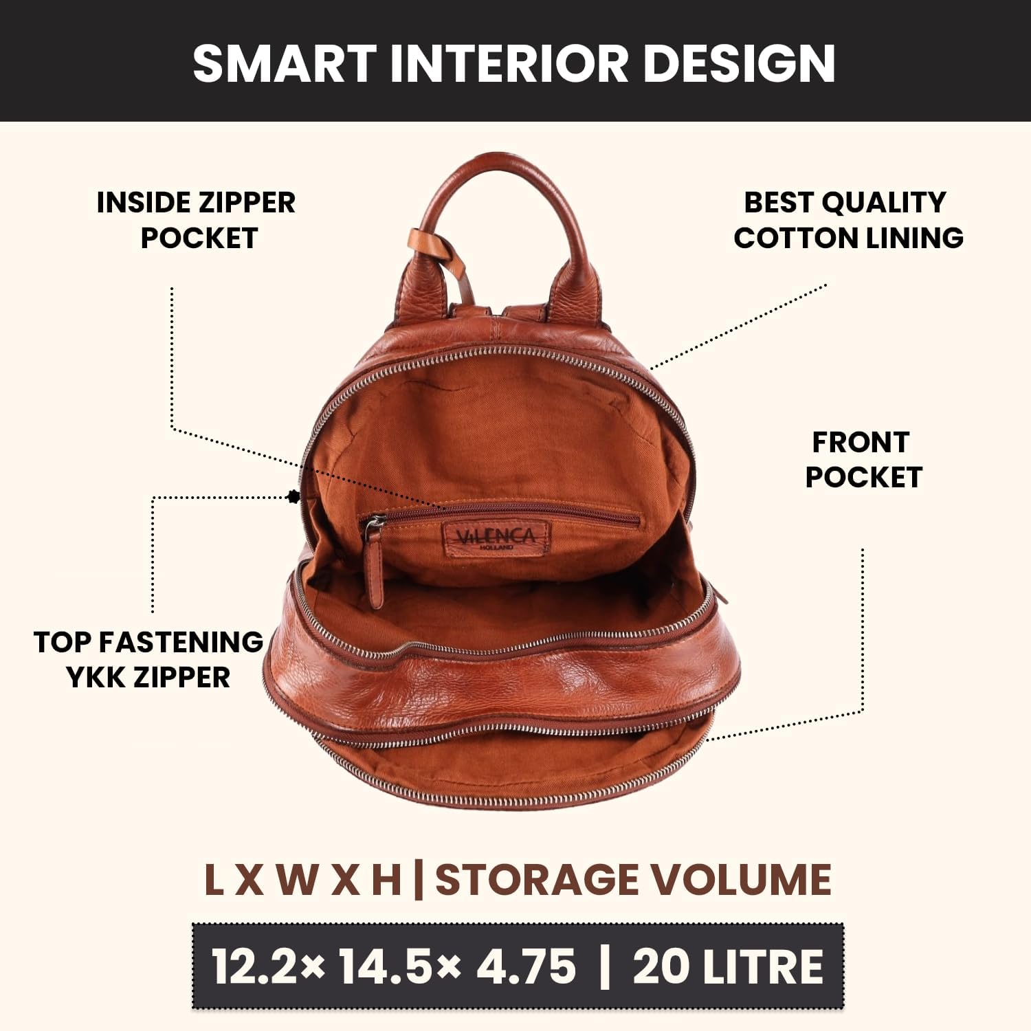 Genuine Leather Backpack for Men, Casual Backpack for Women Office Bag with Adjustable Shoulder Strap (VL-054-COGNAC) - Image 3