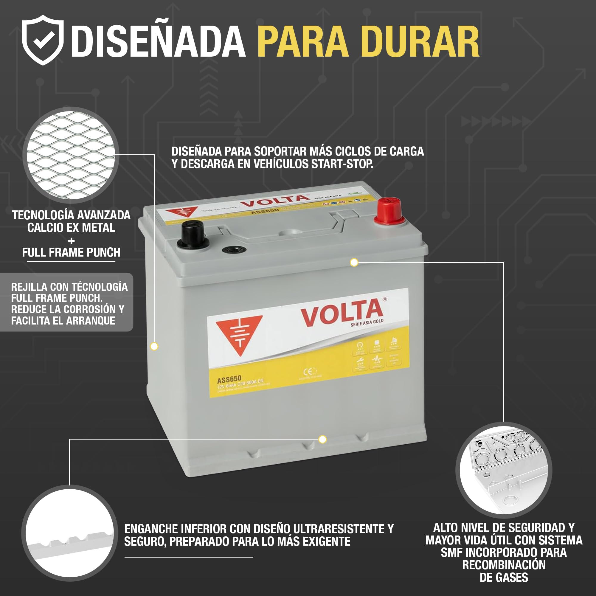 Batería de Coche Start-Stop EFB 65Ah 600 AEN - Volta Gold Asia ASS650D - Sistema Start-Stop - Borne +Derecha - Medidas Largo 230 x Ancho 173 x Alto 225 mm con 2 Años Garantía - Fabricación Europea