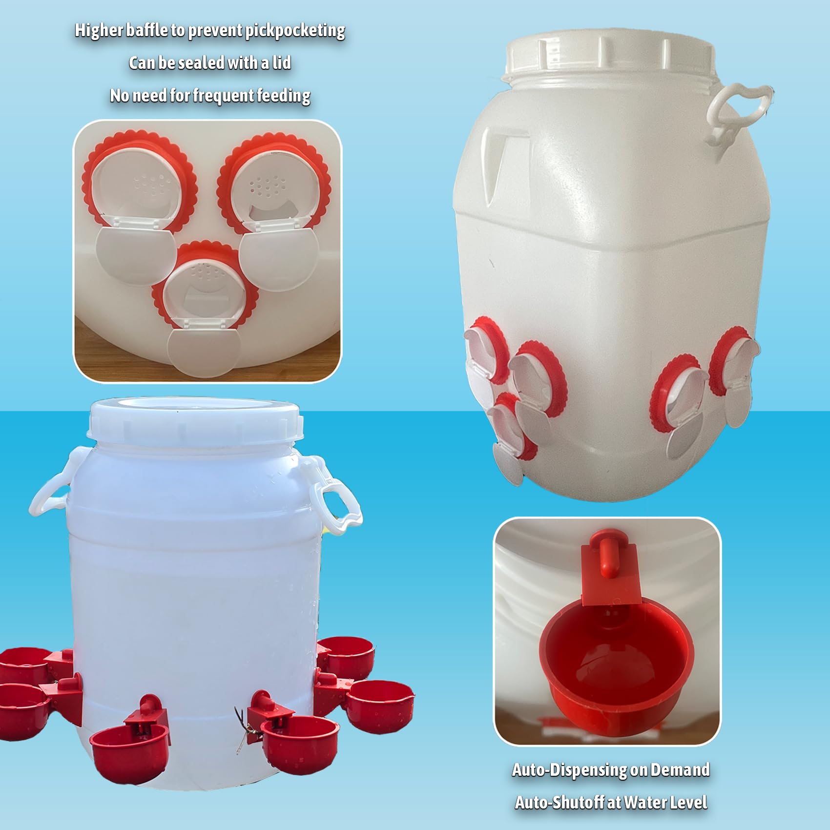 Comedero Automático 50L y Bebedero 10L para Gallinas/Patos - Diseño HDPE Antidesperdicio con Tapa Bloqueable, Sistema de Alimentación Inteligente para Granjas(Size:50L+10L)
