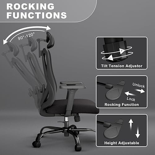 Miniatura 4 de Silla de oficina ergonómica con soporte lumbar ajustable, sillas de escritorio de malla de respaldo alto con reposacabezas y reposabrazos 3D, ruedas
