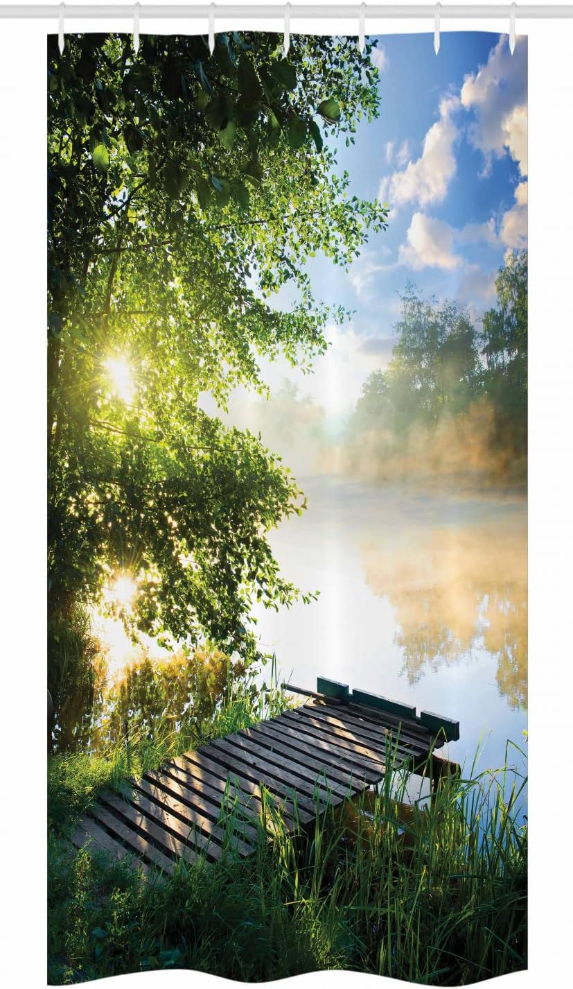 Ambesonne Landscape Stall Shower Curtain, Fishing Pier by River in The Morning with Clouds and Trees Nature Image, Fabric Bathroom Decor Set with Hooks, 36" W x 72" L, Green Blue