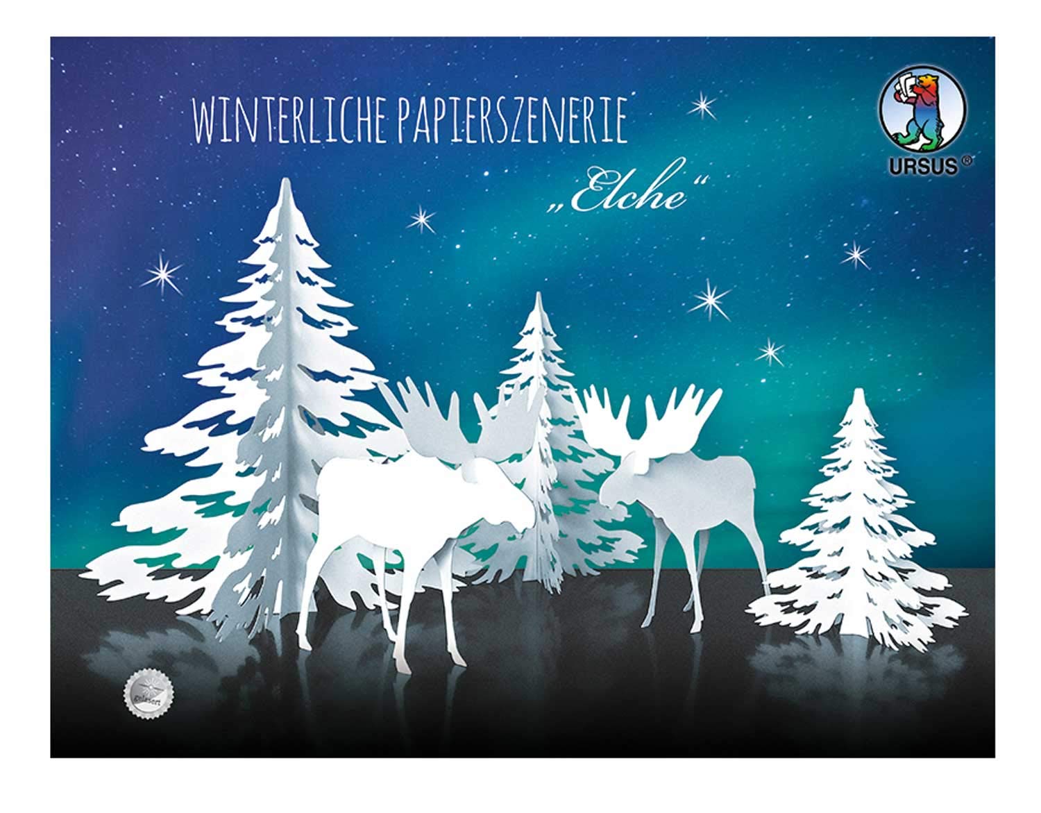 Ursus 17200001 Winter Paper Scene 4 Sheets Bristol Cardboard 400 g/m² Approx. 24.8 x 32.5 cm Laser-Cut Grooved Material for Three Trees and Two Elks Includes Handicraft Instructions White