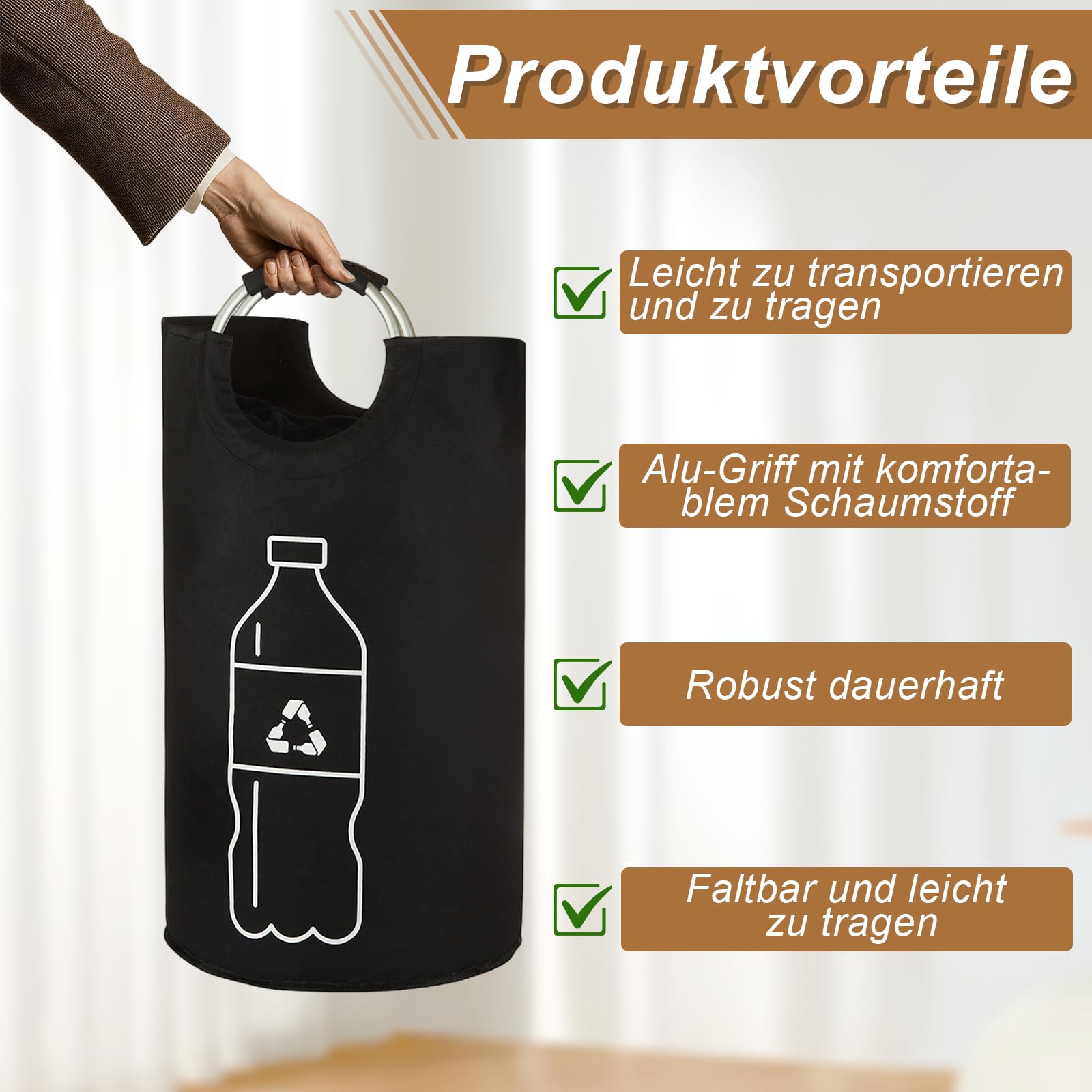 Raccoglitore di Bottiglie 115L, Pattumiera Differenziata per Carta Plastica Vetro, Contenitore Cucina con Manico in Alluminio—Nero