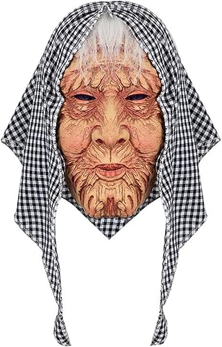 Máscara de anciana de Halloween con bufanda a cuadros grises, máscara de abuela parodia, máscara realista de cabeza completa para mamá, máscara de