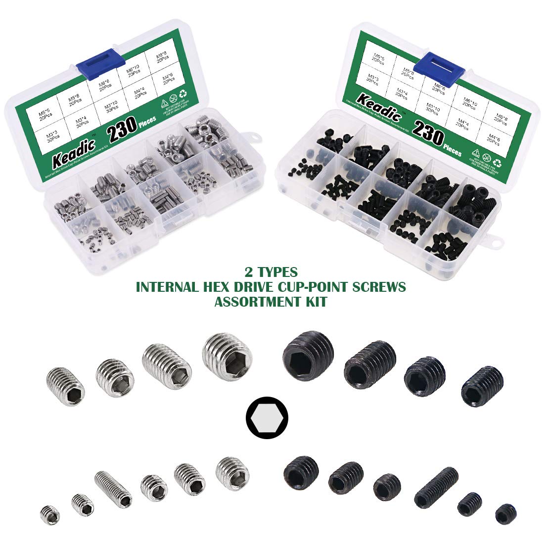 Keadic 460Pcs 2 Types Internal Hex Drive Cup-Point Screws Assortment Kit with Plastic Case, 304 Stainless Steel and 12.9 Class Alloy Steel, 10 Metric Sizes M3/4/5/6/8