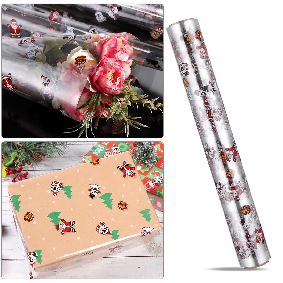 STOBOK Clear Cellophan Wrap Roll | Santa Claus Musterpapierverpackung 15. 7 Zoll X 100 Fuß 2. 5 Mil Kristall Langfilm Weihnachtsgeschenkverpackungen Packpapier für Blumen Handwerk