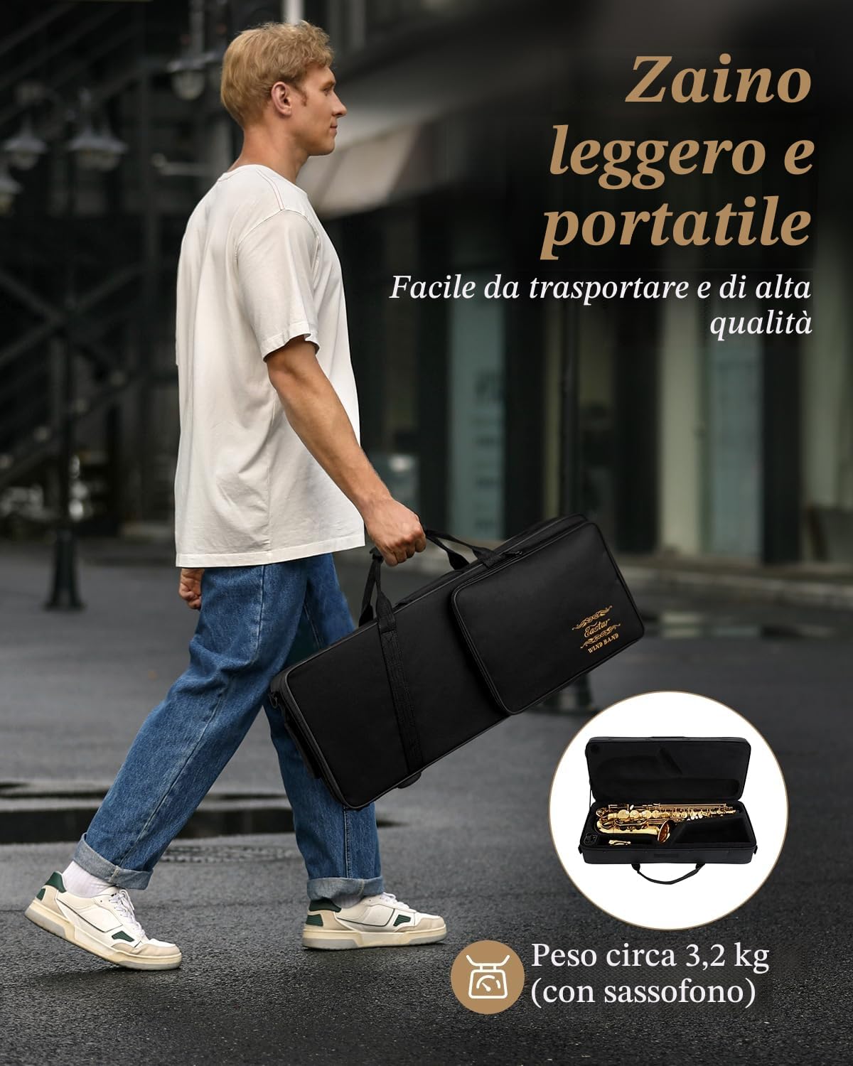 Eastar Sassofono Contralto per Studenti, Mi bemolle, Laccatura Dorata, Sassofono Contralto per Principianti, Set Completo con Custodia per Sassofono, Cinturino per Bocchino, Supporto per Ancia, AS-II