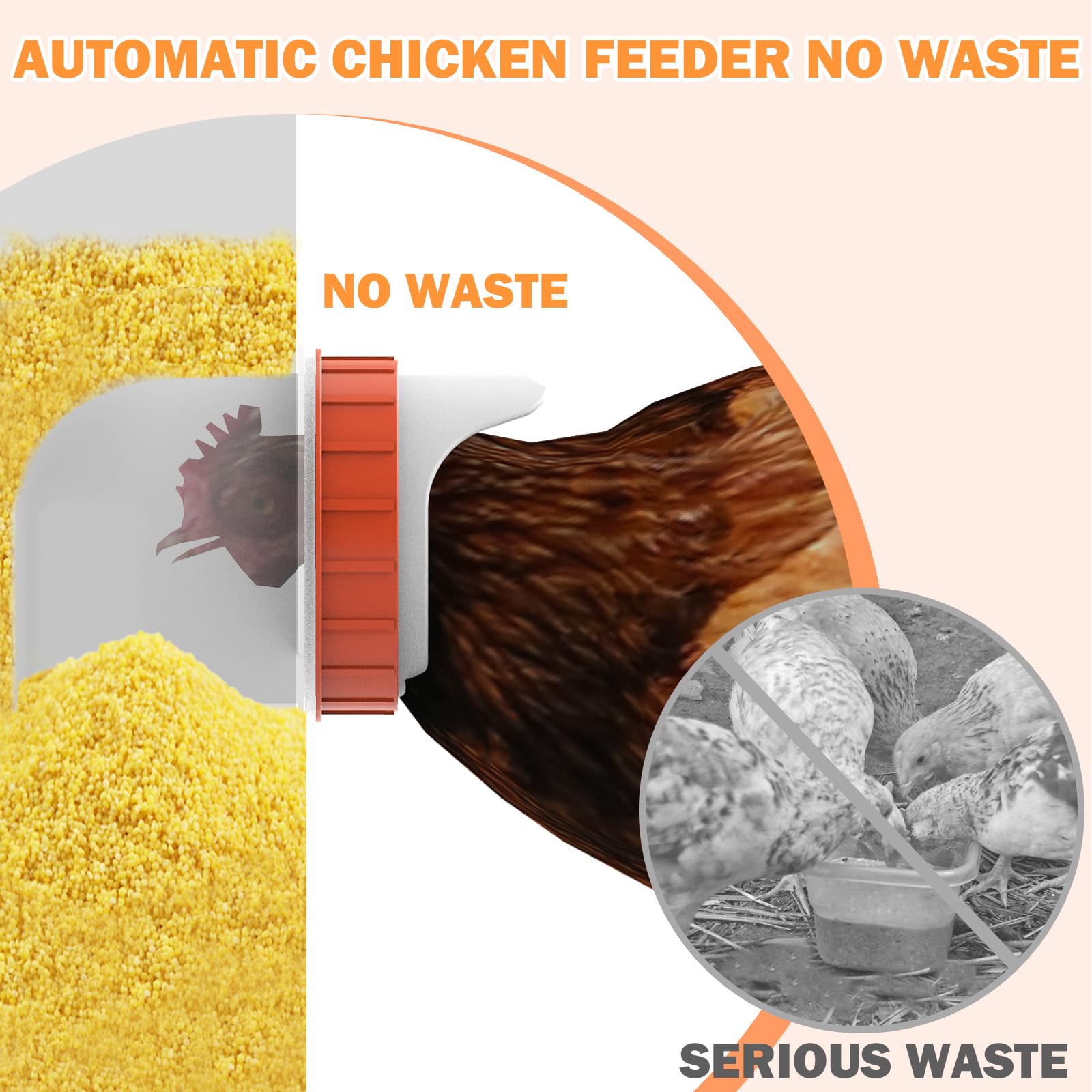 Alimentador automático de pollos de 85 libras, 6 puertos, alimentador de pollo alimentado por gravedad grande con patas ajustables, pestillo de ventana y mango para pollos, bantamos, faisanes