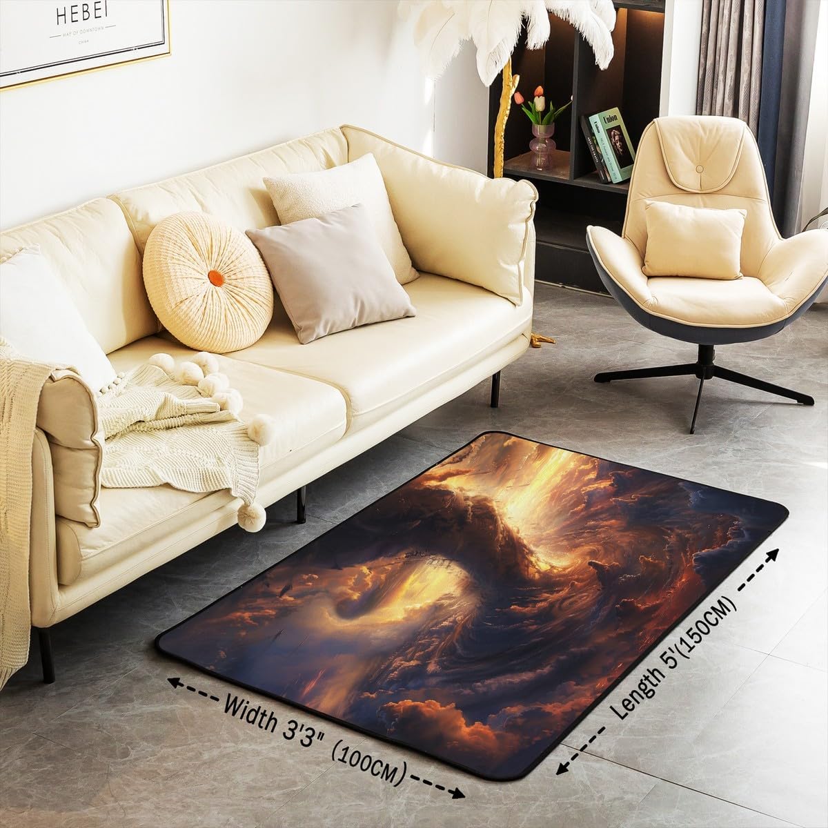 Tornado Area Rug 3'x5',Natural Disaster Scene 3D Print Non Slip Carpet for Kids Adults,Sunset Sky Clouds Tornado View Decorative Rug for Bedroom Playroom Backyard