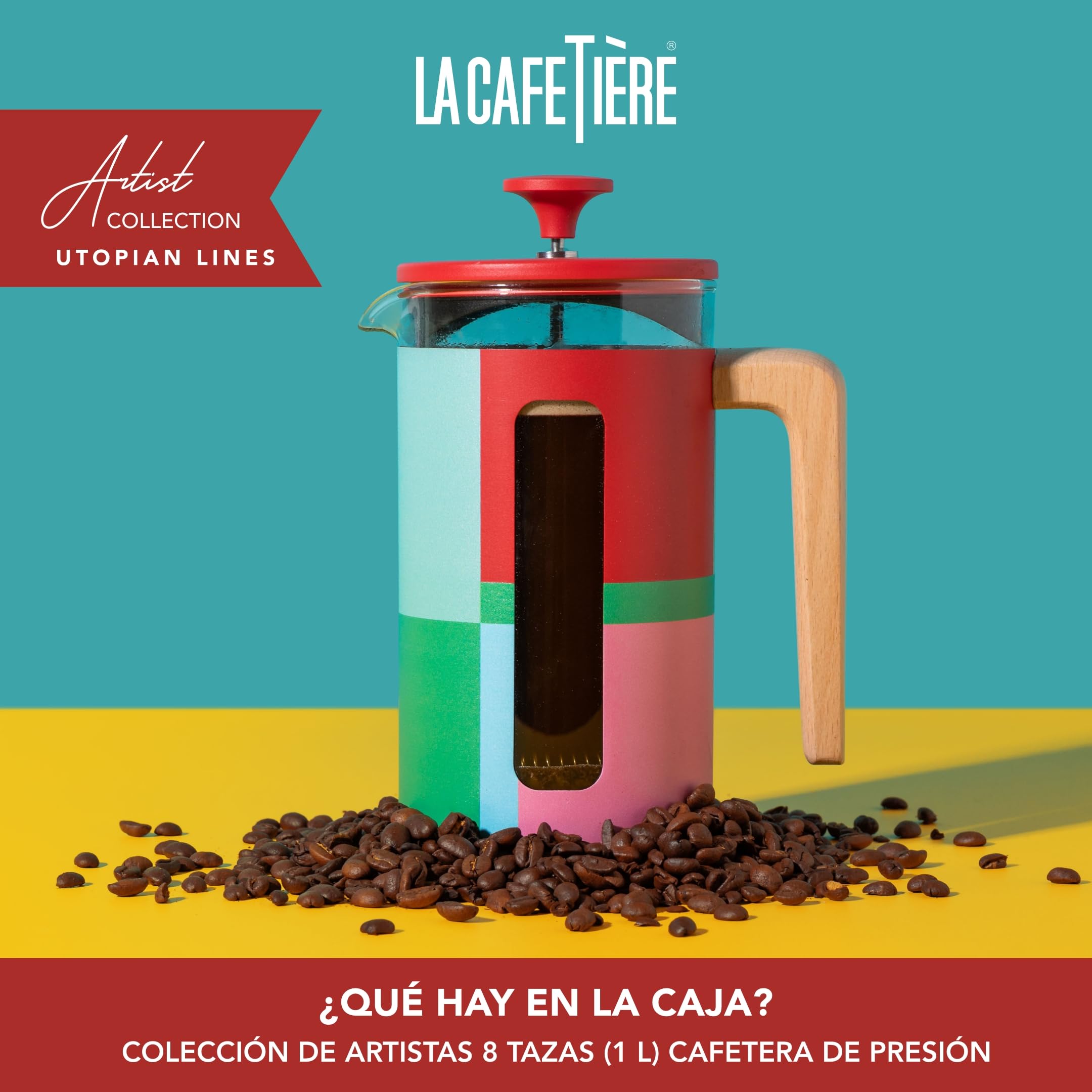 La Cafetière Pisa - Cafetera grande de prensa francesa con diseño geométrico de 8 tazas, cafetera de cerámica resistente al calor de 1 L, té suelto y café molido, Utopian Lines