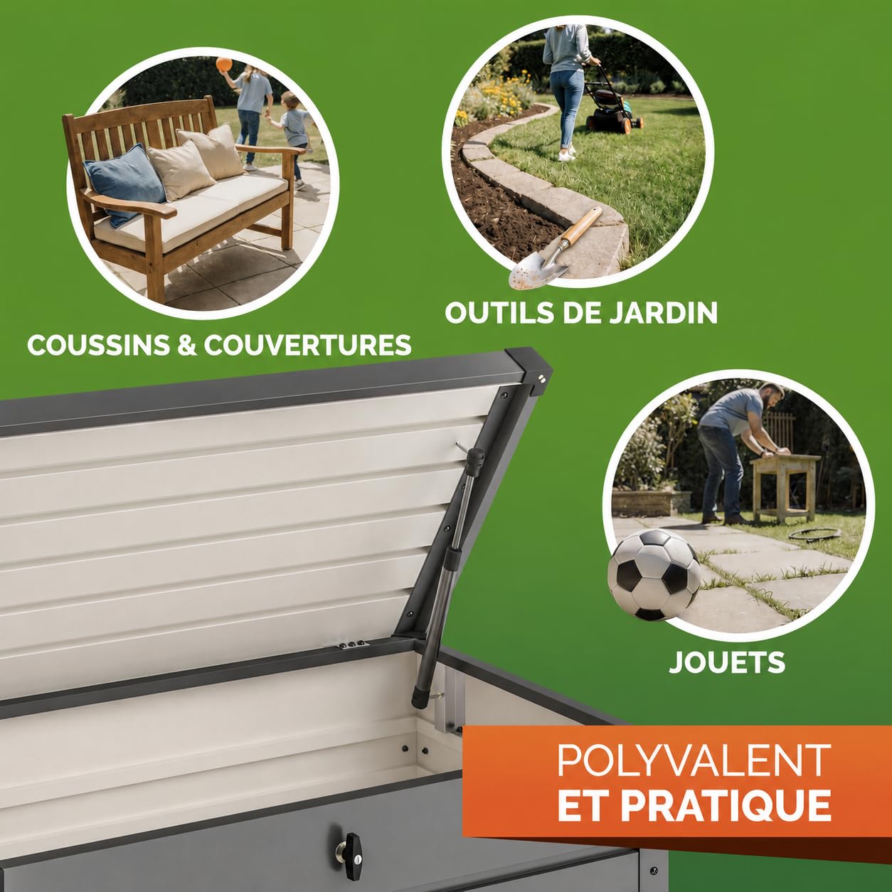 Gardebruk Coffre de rangement en Métal 385L Anthracite avec Vérin à gaz | Verrouillable par Cadenas à clés Inclus, 120x62 cm, Coffre de Jardin Extérieur, Rangement coussins et outils, Jusqu'à 100kg