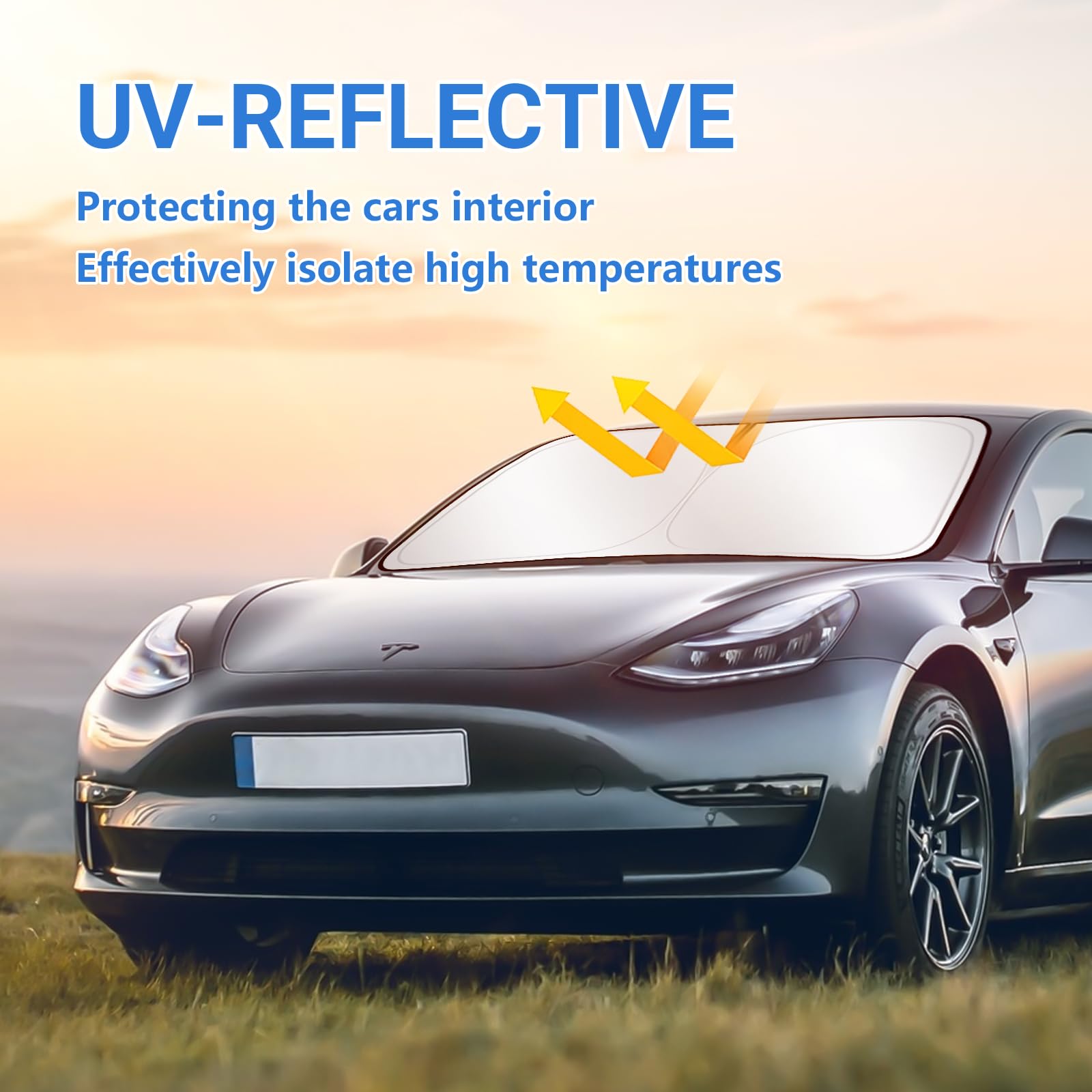 ZATOOTO Parasol Coche Delantero para Tesla Model Y Model 3, Protección Solar para Parabrisas, Cubierta Parabrisas para Bloques de Verano UV, Visera para Coche, Plegable, 132x92 cm