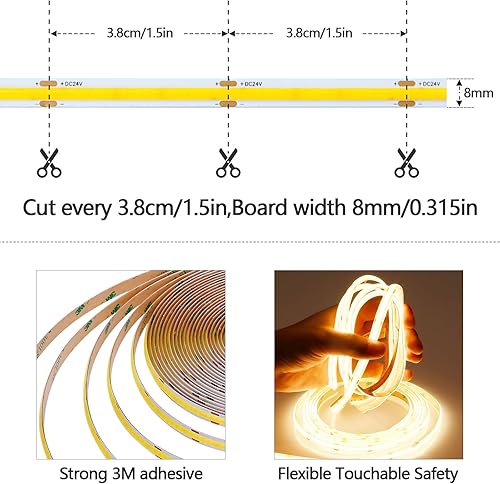 Miniatura 2 de GOMING Tira de luz LED COB de 24 V, 32.8 pies, luz blanca cálida 3000 K con atenuador LED 24V 3A 72W fuente de alimentación 3120LEDs CRI 93+ alto