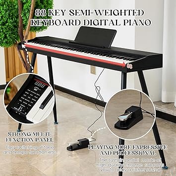 digital Piano 88 Key Semi Weighted Keyboard,Full-size Electric Piano for Beginners,with Sheet Music Stand,Pedal,Power Adapter,Headphone Mode,USB-MIDI (Matte Black)